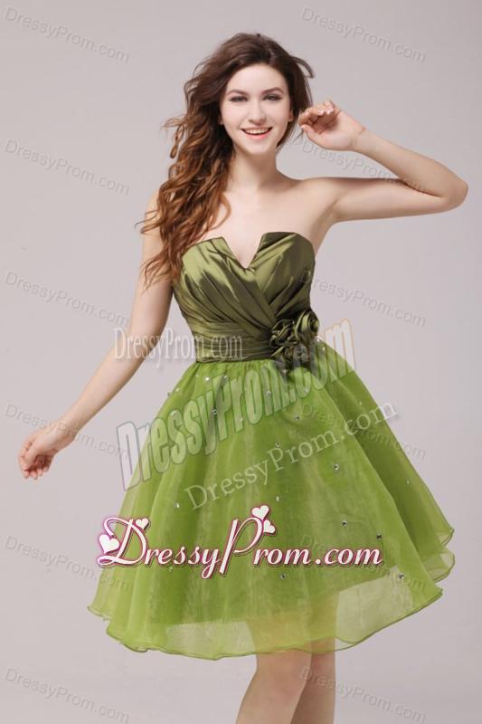 Olive Green V-neck Ruching Hand Made Flower Prom Dress