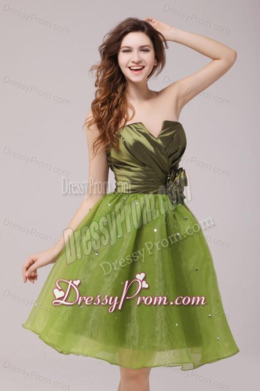 Olive Green V-neck Ruching Hand Made Flower Prom Dress