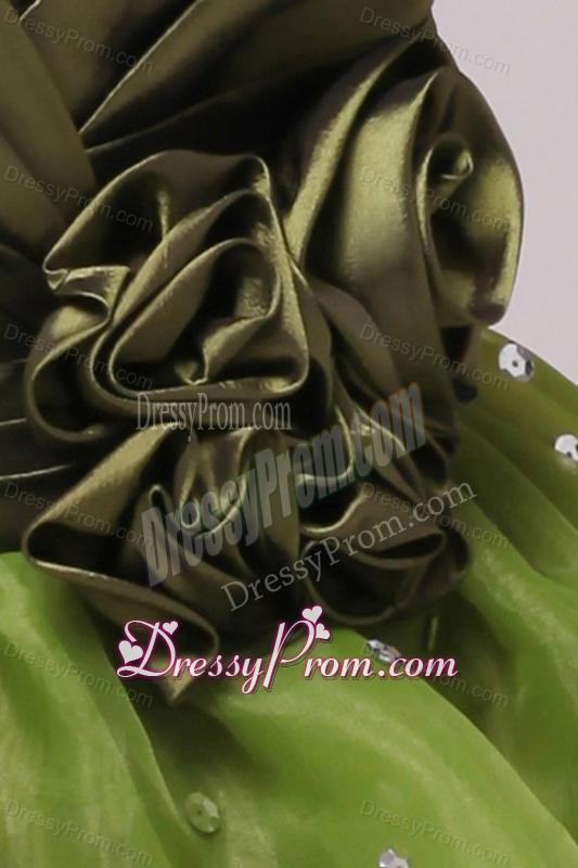 Olive Green V-neck Ruching Hand Made Flower Prom Dress
