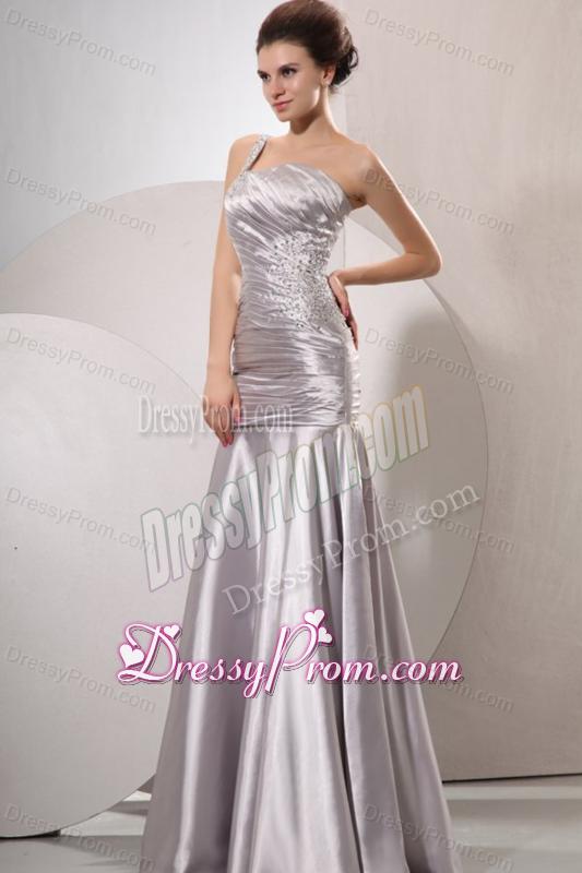 One Shoulder Silver Prom Dress with Beading and Ruching