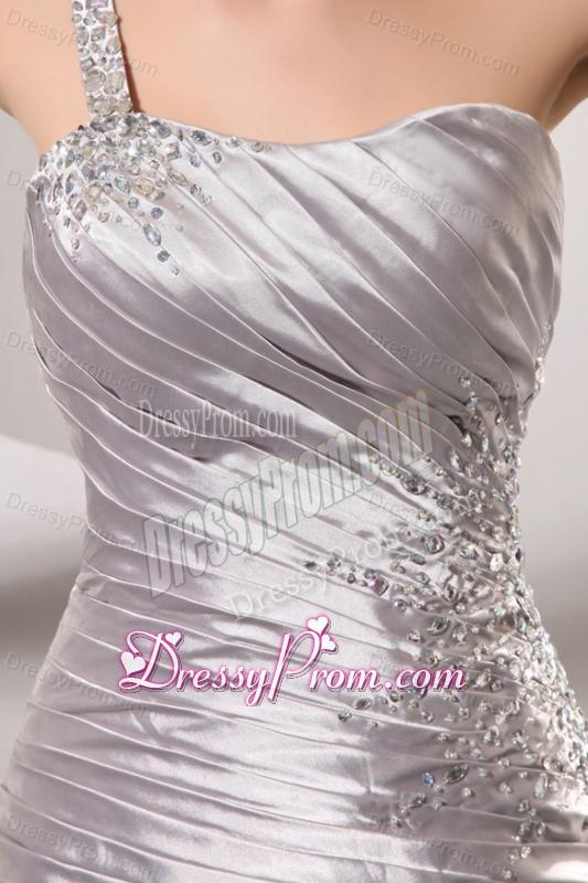 One Shoulder Silver Prom Dress with Beading and Ruching