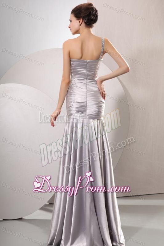 One Shoulder Silver Prom Dress with Beading and Ruching