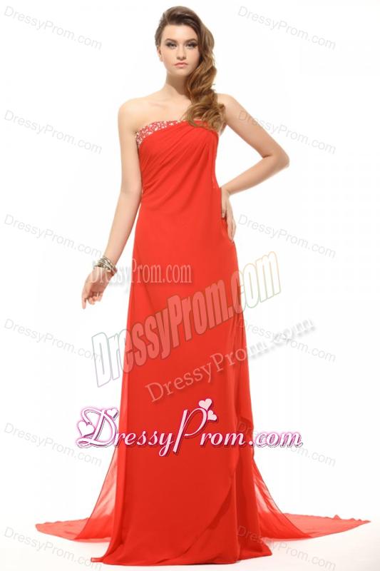 Orange Red Strapless Beading and Ruching Chiffon Prom Dress