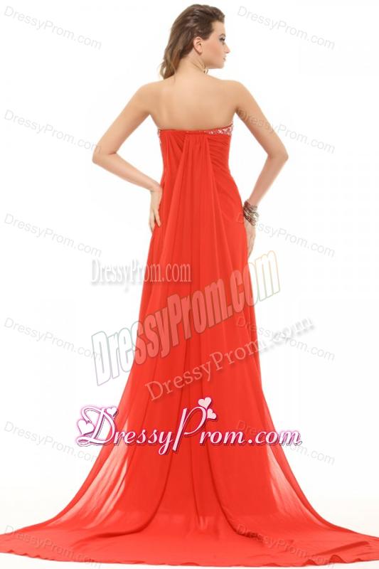 Orange Red Strapless Beading and Ruching Chiffon Prom Dress