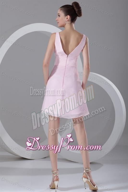 Pink A-line V-neck Mini-length Ruching Chiffon Prom Dress