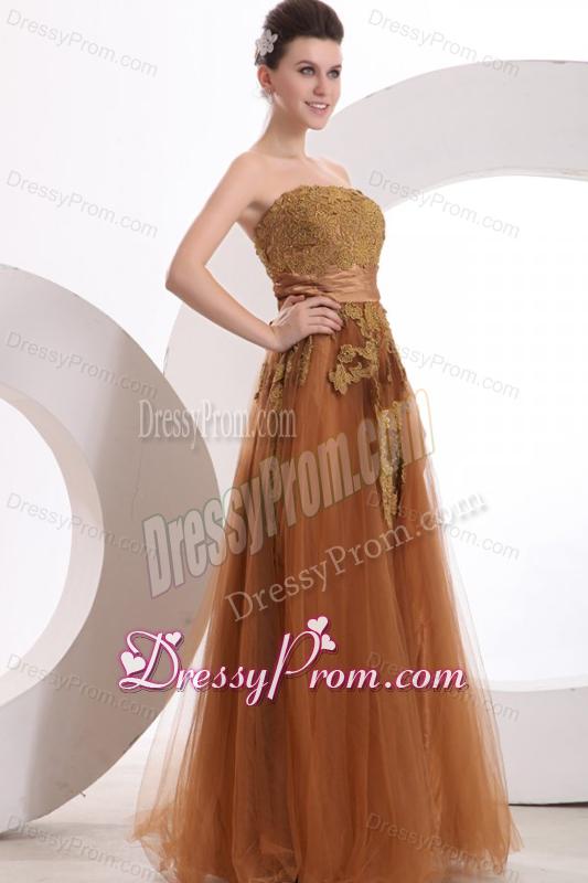 Popular Strapless Empire Floor-length Appliques Prom Dress in Brow