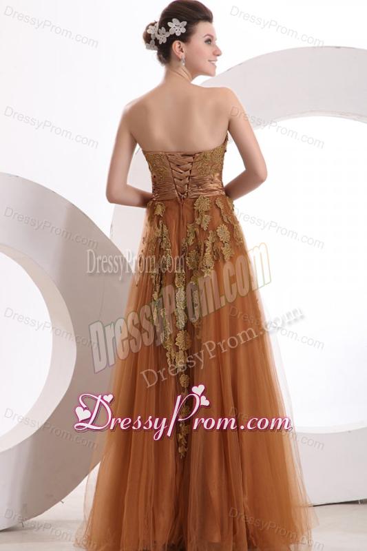 Popular Strapless Empire Floor-length Appliques Prom Dress in Brow