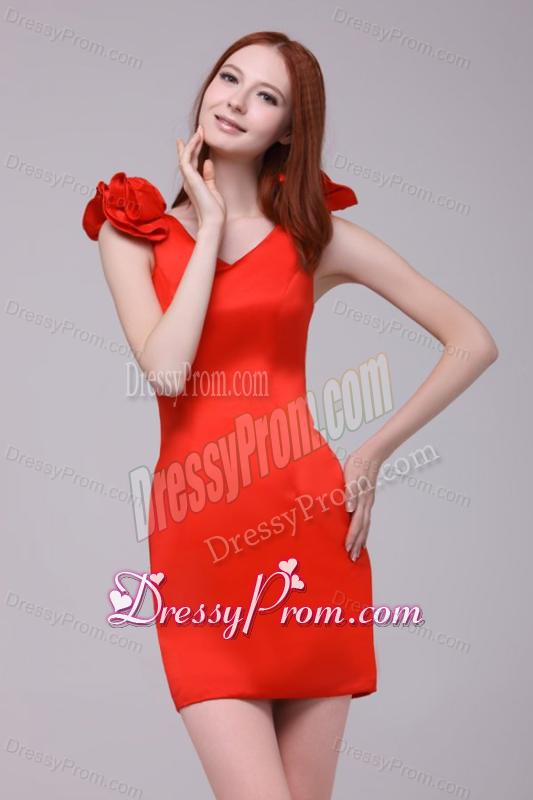 Red Column V-neck Hand Made Flowers Mini-length Prom Dress