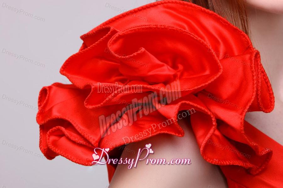 Red Column V-neck Hand Made Flowers Mini-length Prom Dress