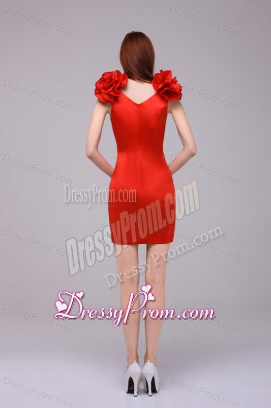 Red Column V-neck Hand Made Flowers Mini-length Prom Dress