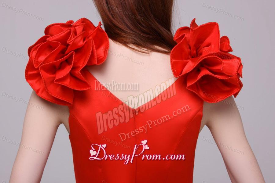Red Column V-neck Hand Made Flowers Mini-length Prom Dress