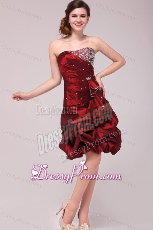 Strapless Knee-length Burgundy Prom Dress with Pick-ups and Beading