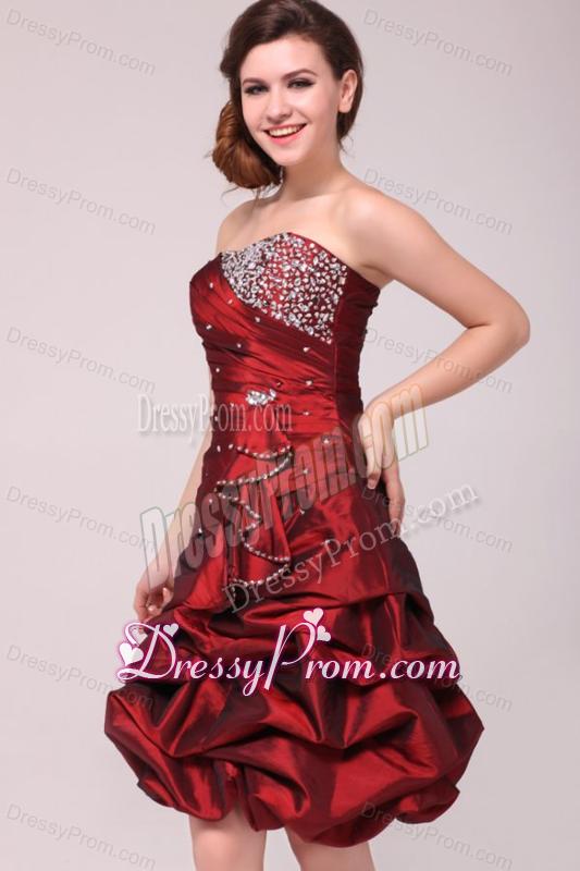 Strapless Knee-length Burgundy Prom Dress with Pick-ups and Beading