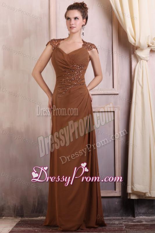 V-neck Column Chiffon Appliques with Beading Prom Dress in Brown