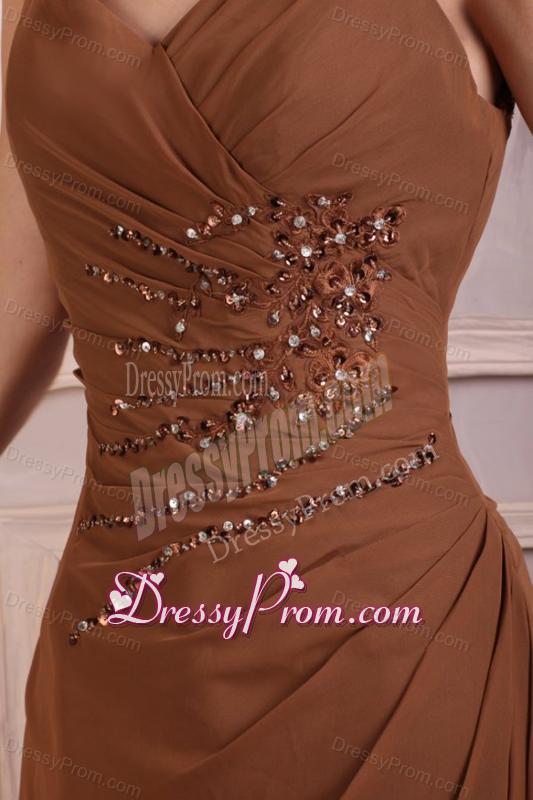 V-neck Column Chiffon Appliques with Beading Prom Dress in Brown