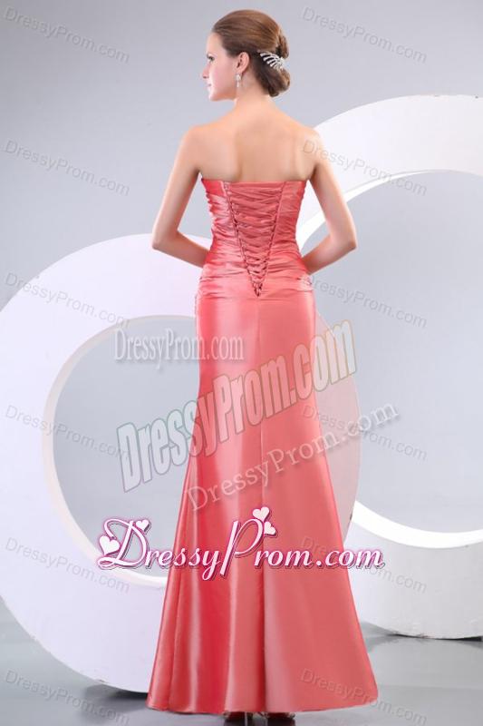 Watermelon Column Strapless Floor-length Taffeta Ruching Prom Dress with Lace Up