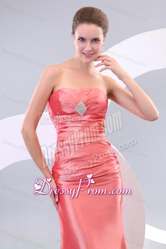 Watermelon Column Strapless Floor-length Taffeta Ruching Prom Dress with Lace Up
