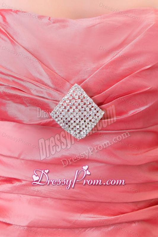 Watermelon Column Strapless Floor-length Taffeta Ruching Prom Dress with Lace Up