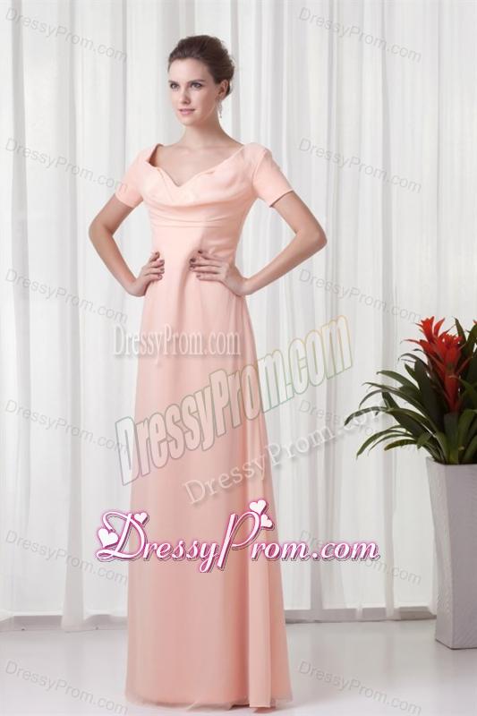 Watermelon Column V-neck Short Sleeves Ruching Chiffon Prom Dress