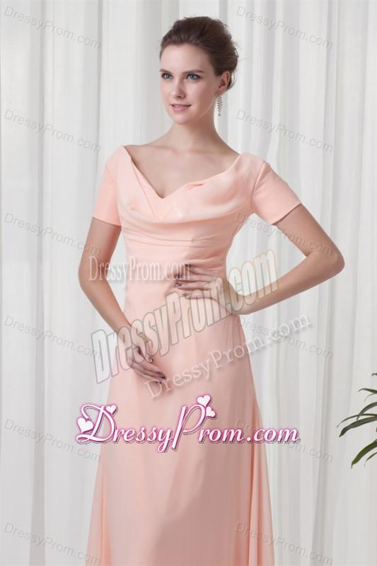 Watermelon Column V-neck Short Sleeves Ruching Chiffon Prom Dress