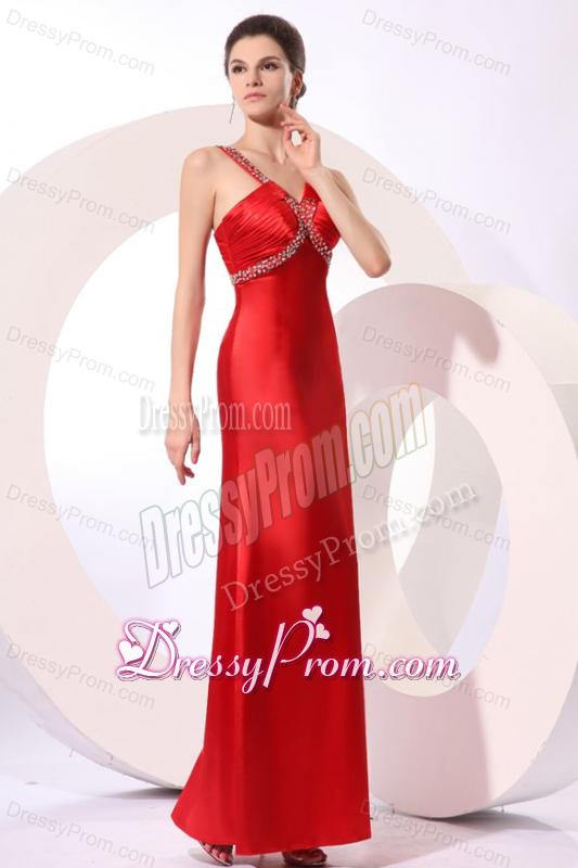 Wine Red Column Straps Beading and Ruching Prom Dress
