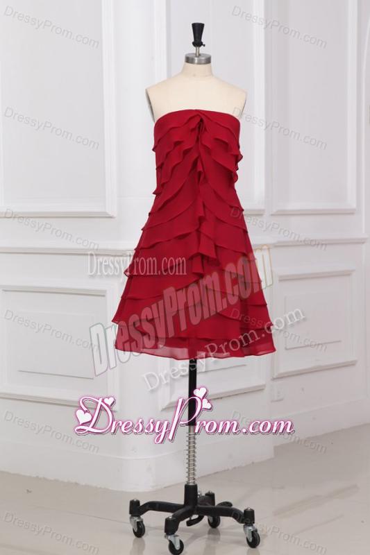 Wine Red Empire Strapless Prom Dress with Ruffled Layers