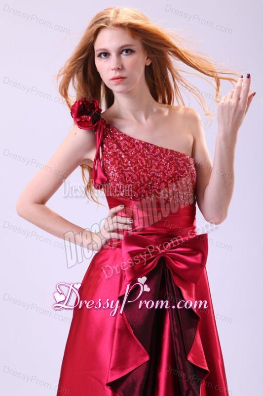 Wine Red One Shoulder Sequins and Bow Ankkle-length Prom Dress