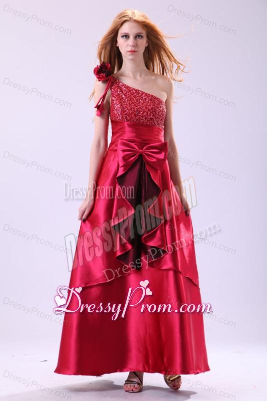 Wine Red One Shoulder Sequins and Bow Ankkle-length Prom Dress