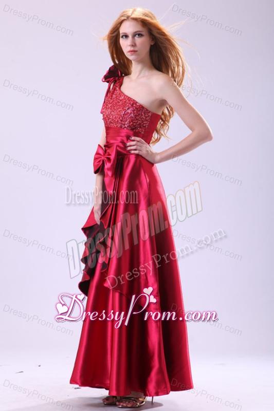 Wine Red One Shoulder Sequins and Bow Ankkle-length Prom Dress