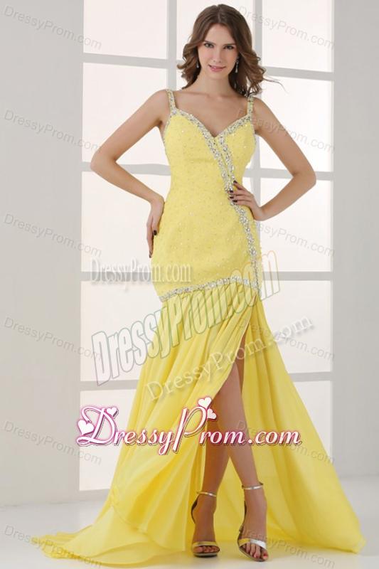 Yellow Straps Column Beaded Decorate and Silt Sweep Train Prom Dress