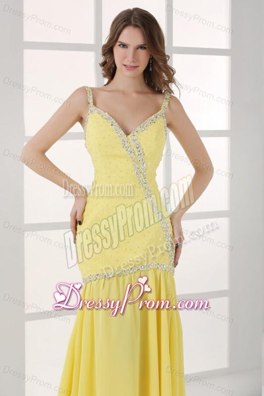 Yellow Straps Column Beaded Decorate and Silt Sweep Train Prom Dress