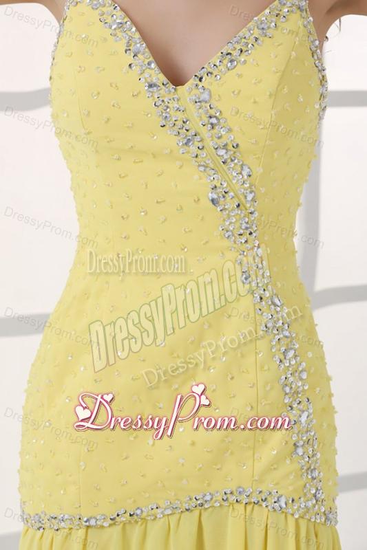 Yellow Straps Column Beaded Decorate and Silt Sweep Train Prom Dress
