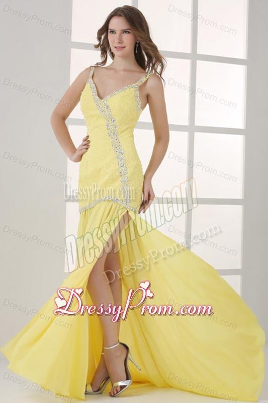 Yellow Straps Column Beaded Decorate and Silt Sweep Train Prom Dress