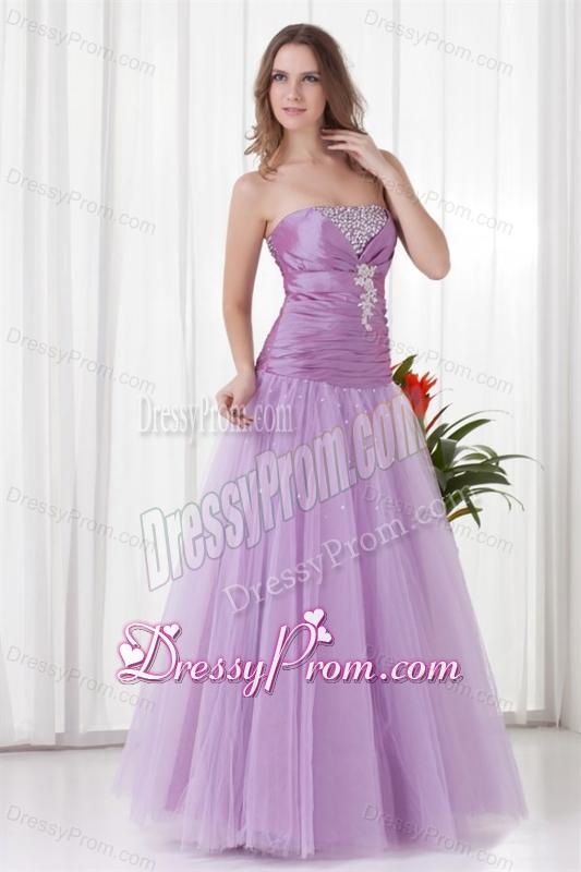 2014 A-line Strapless Lilac Beading Tulle Prom Dress with Lace Up
