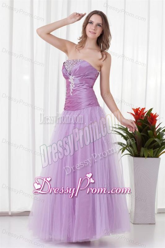 2014 A-line Strapless Lilac Beading Tulle Prom Dress with Lace Up
