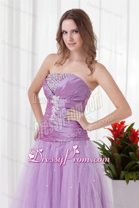 2014 A-line Strapless Lilac Beading Tulle Prom Dress with Lace Up