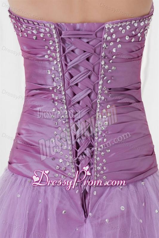 2014 A-line Strapless Lilac Beading Tulle Prom Dress with Lace Up