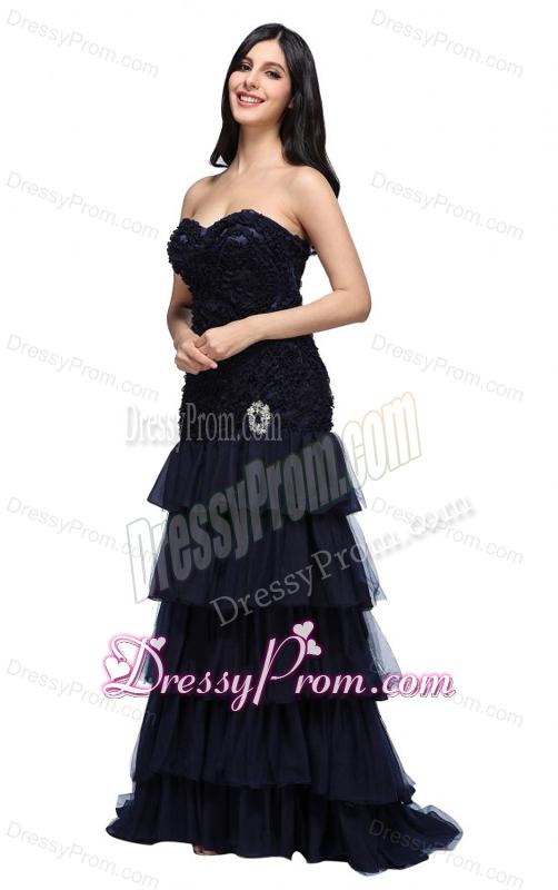 A-line Navy Blue Sweetheart Ruffled Layers Beading Appliques Prom Dress