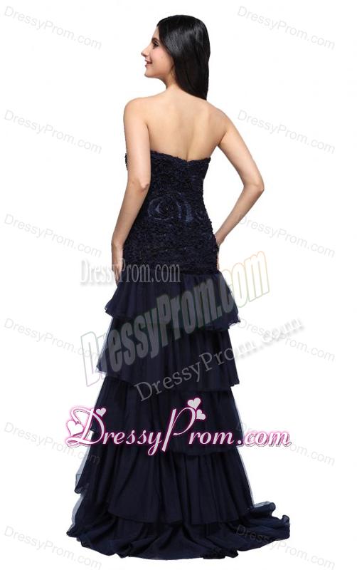 A-line Navy Blue Sweetheart Ruffled Layers Beading Appliques Prom Dress