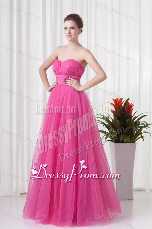 A-line Tulle Sweetheart Hot Pink Ruching Long Prom Dress