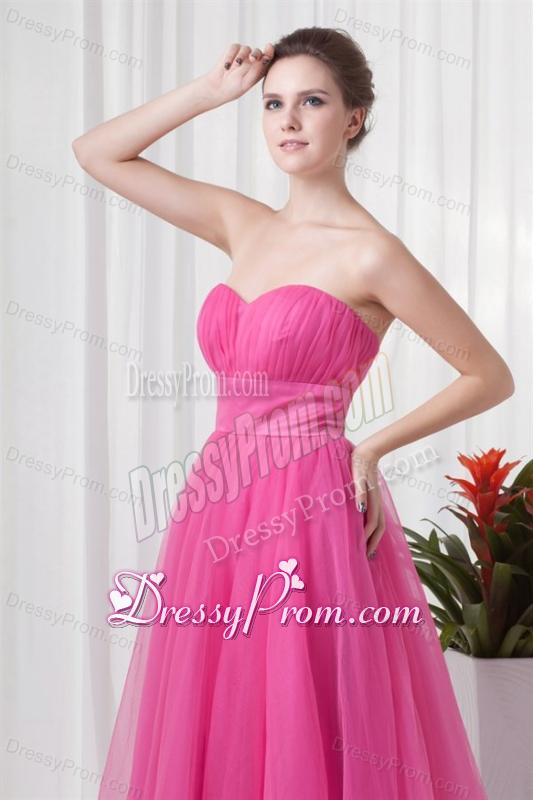 A-line Tulle Sweetheart Hot Pink Ruching Long Prom Dress
