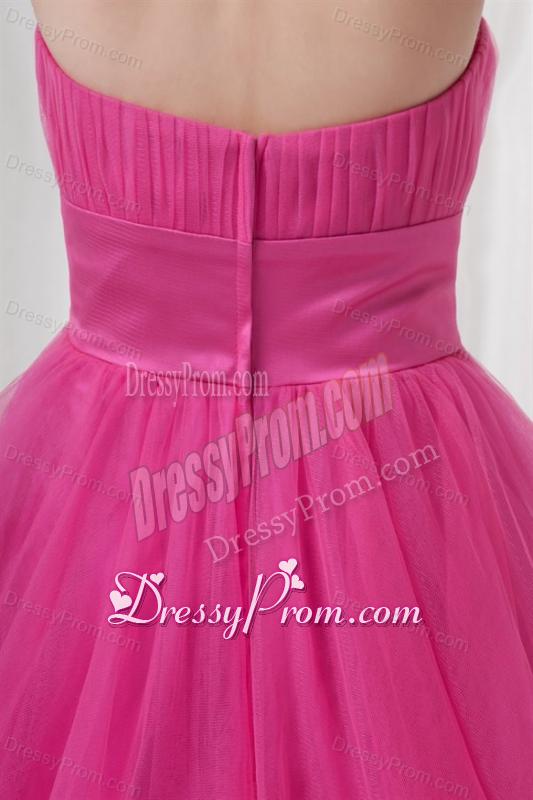 A-line Tulle Sweetheart Hot Pink Ruching Long Prom Dress