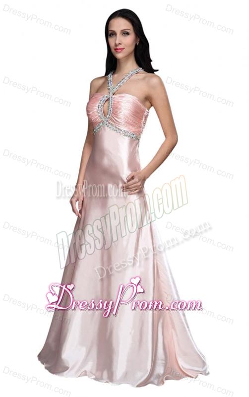 A-line V-neck Beading Side Zipper Long Prom Dress in Baby Pink