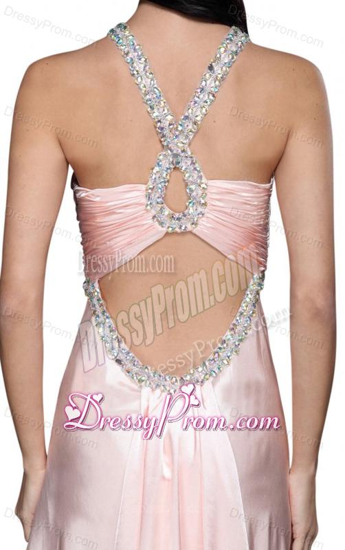 A-line V-neck Beading Side Zipper Long Prom Dress in Baby Pink