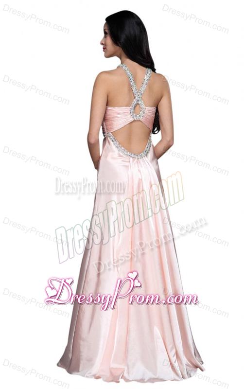 A-line V-neck Beading Side Zipper Long Prom Dress in Baby Pink