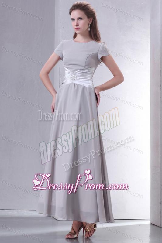 Ankle-length Grey Empire Scoop Prom Dress with Short Sleeves