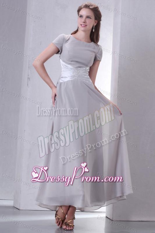 Ankle-length Grey Empire Scoop Prom Dress with Short Sleeves