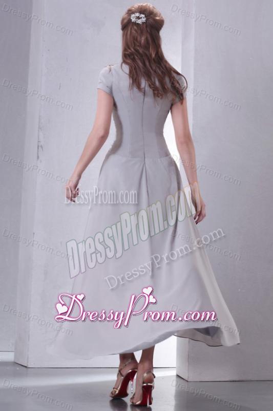 Ankle-length Grey Empire Scoop Prom Dress with Short Sleeves