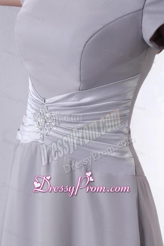 Ankle-length Grey Empire Scoop Prom Dress with Short Sleeves