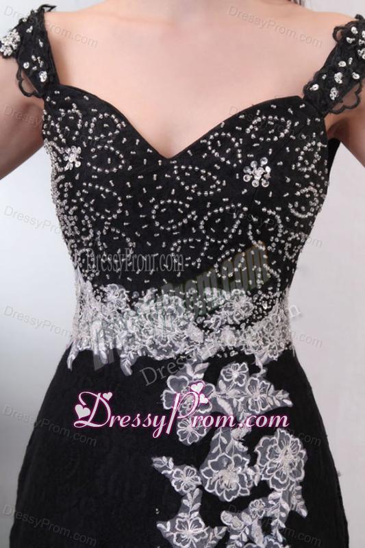 Black Off The Shoulder Appliques High Slit Cap Sleeves Prom Dress